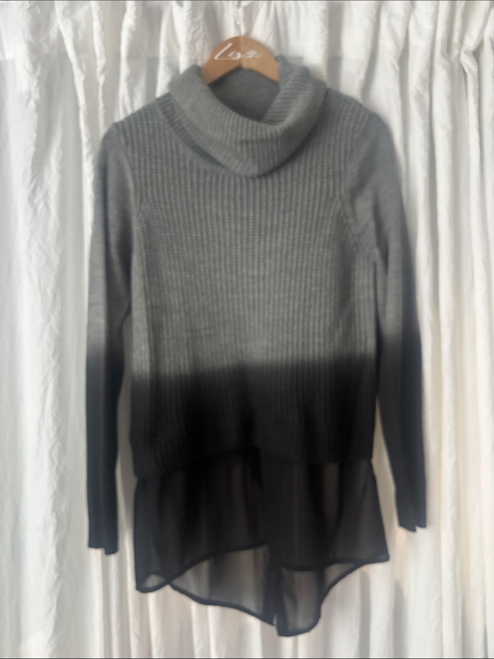 Women's Gray Ombre Turtleneck Sweater with Sheer Hem